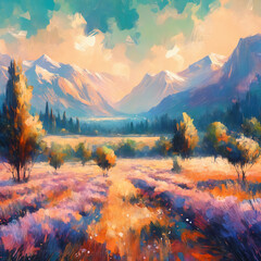 Sticker - Landscape painting of a hilly field full of lavender with mountains and trees