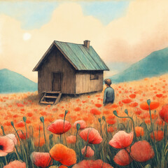 Wall Mural - Landscape crayon children's drawing of a hilly field full of poppies with house and children