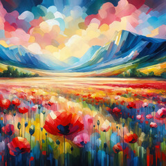 Wall Mural - Landscape painting of a hilly field full of poppies with mountains and trees