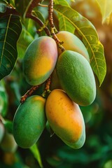 Wall Mural - closeup of a yellow fresh sweat ripe mango on a tree with leaves in summer season