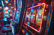 Brightly glowing slot machine in a neon casino interior