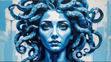 Fototapeta Paryż - medusa portrait blue theme oil pallet knife paint painting on canvas with large brush strokes modern art illustration abstract from Generative AI