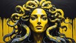 medusa portrait yellow theme oil pallet knife paint painting on canvas with large brush stroke modern art illustration abstract from Generative AI