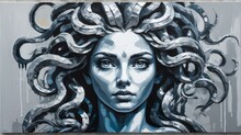 Medusa Portrait Silver Theme Oil Pallet Knife Paint Painting On Canvas With Large Brush Stroke Modern Art Illustration Abstract From Generative AI