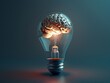 Light bulb with a 3D brain casting dynamic shadows on a soft indigo canvas illustrating the power of thought and creativity