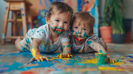 Canvas Print - Small children smeared in paint playing on the floor