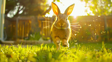A Cheerful Rabbit Hopping Around Its Owner's Backyard. 