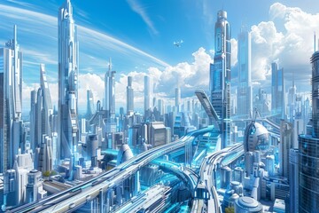 Wall Mural - A futuristic city featuring sleek skyscrapers, innovative architecture, a bridge, and cars moving through the high-tech urban landscape