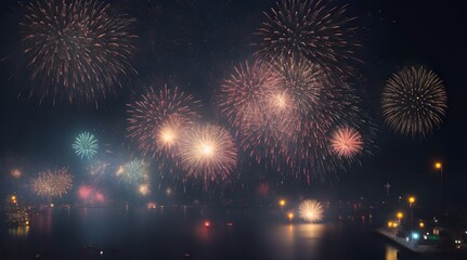 Canvas Print - Colorful fireworks of various colors over night sky and water, celebration concept