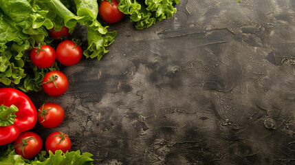 Wall Mural - A close up of a table with a variety of vegetables including tomatoes and lettuce. The table is on a dark surface, and the vegetables are arranged in a way that creates a sense of abundance