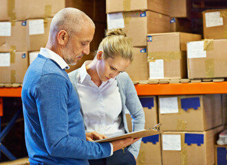 Poster - Logistics, teamwork or clipboard in warehouse with inventory for quality control, service delivery or freight distribution. Senior man, woman or wholesale supplier with stock checklist for inspection