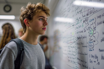 Wall Mural - Engaged student confidently explains their solution to a math problem using a whiteboard, showcasing problem-solving skills and active learning