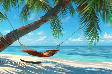 Wall Mural - Idyllic tropical island getaway. palm tree, hammock, and stunning sea view for ultimate relaxation