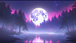 A purple moon illuminates the lake. 