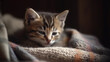 A kitten sleeping in a blanket. 