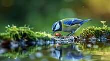 Witnessing A Graceful Eurasian Blue Tit Drinking From A Serene Pool, With A Ladybug Amidst Vibrant Green Moss