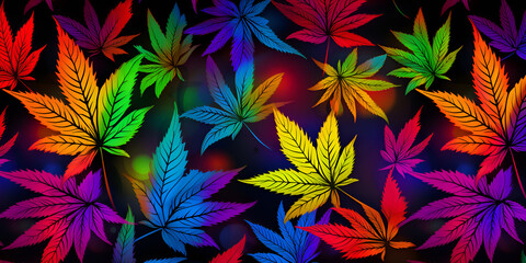 a vibrant overlapping cannabis leaves, rich gradient, spectrum of colors, psychedelic art, luminous,