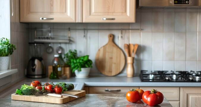 A Classic Kitchen Scene with Gas Cooktop, Wooden Cabinets, and Eco-Friendly Utensils Amidst Fresh Produce