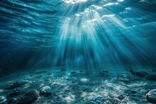 Light And Shadow Beneath The Waves, As The Dark Blue Ocean Surface Shimmers With An Otherworldly Radiance, Courtesy Of The Clear Ocean Light That Bathes The Underwater World In A Spellbinding Glow
