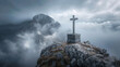 A detailed photograph capturing the weathered texture of a stone cross at the mountains peak surrounded by misty clouds