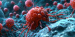 © Ekaterina - 3D illustration of red cancer cells on a blue textured background. Medical research and health concept. Design for educational material, poster, banner