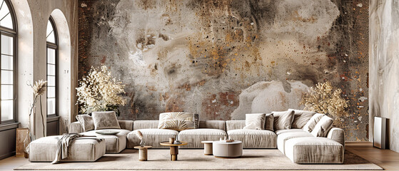 Wall Mural - Modern Living Area with Sleek Furniture and Unique Wall Textures, Stylish and Contemporary