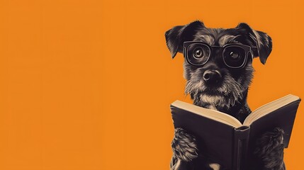 Wall Mural - Canine with glasses peruses a book on an orange background