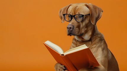 Wall Mural - Canine with glasses peruses a book on an orange background