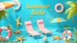 3d rendering summer sale banner template with sunbed, beach ball and umbrella on blue background  With Summer Sale Word
