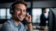 Smiling Call Center Agent with Headphones, Providing Consultation and Customer Service - Ideal for Online Advice, Telemarketing, Contact Us Pages, and Customer Support Career Concepts