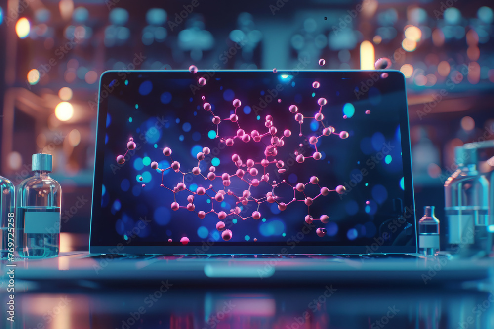 Advanced 3D molecular structures displayed on a laptop screen inside a ...