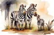 Zebra family in the wild drawn with watercolor Generative AI