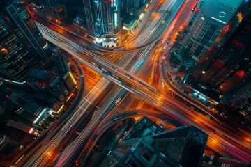 Wall Mural - Vehicles streaming through a bustling city intersection at night, with streaks of light illuminating the roads and buildings