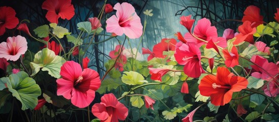 Wall Mural - A beautiful art piece featuring red and pink flowers set against a dark background, creating a stunning contrast in the natural landscape