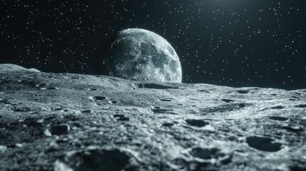 Wall Mural - Surface of the Moon Landscape. Flying Over Lunar Surface in the Light of Moonlight. Close Up View of Universal 3D Rendering in Night Phase