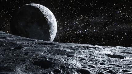 Wall Mural - Universal Landscape: Flying over a Lunar Surface of the Moon. Nighttime View in Moonlight with Horizontal Phase and Galactic Light - 3D Rendering