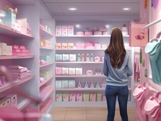 Wall Mural - A woman is standing in a pink store aisle, looking at the pink items. Scene is lighthearted and playful