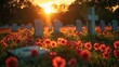 Memorial day, US national holiday. American military cemetery at sunset, 