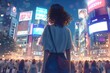 A young woman in her late teens, dressed casually and wearing long hair with bangs on the side of her head stands at Shibuya Crossing 