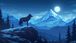 Artistic depiction of a wolf silhouette standing on a rock with a full moon and mountainous landscape.