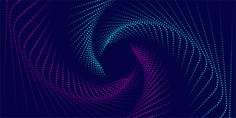 Wall Mural - flowing particles dots, wave pattern curve halftone shape isolated on dark background. vector backgr