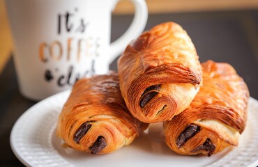 Close-up image of three freshly-baked pain au chocolates on a plate