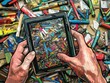 A person is holding a tablet and looking at a pile of colorful objects. Concept of curiosity and exploration, as the person is examining the various items on the tablet