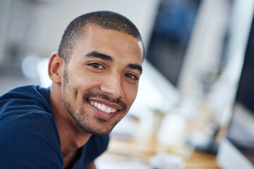 Aufkleber - Happy, desk and portrait of business man for startup career, job and working in office. Professional workplace, creative company and face of person with confidence, pride and smile for design agency