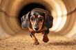 Dachshund participating in an agility tunnel race, displaying its surprising agility and speed