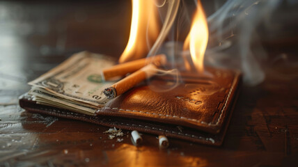 Wallet with money burning away with each cigarette