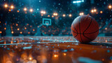 Fototapeta Sport - Basketball court shining under arena lights, focus on the ball at the free-throw line