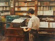 A boy is standing in front of a bookcase with a typewriter. He is writing on a piece of paper