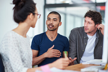 Sticker - Speaking, notebook and meeting in office, workspace or collaboration for brainstorming in creative career. Job, planning and partnership with documents, desk or diversity for professional discussion