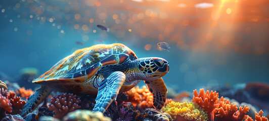 a beauty turtle swimming in the clear sea beautiful coral reefs in under the sun, ai generative